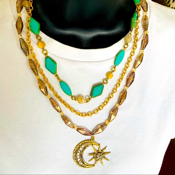 Gold tone metal chain necklace turquoise & brown beadings moon & star pendant - Picture 2 of 8
